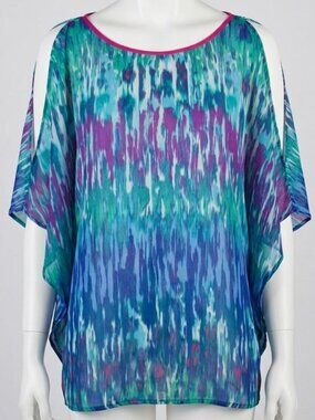 Express Flutter Sleeve Watercolor Blue Top L Zipper Back Flowy